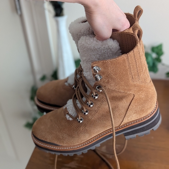 MARC FISHER Izzie Boot Shearling Suede Light Tan Brown Lugsole Lace Up Lizzie 6 - Picture 10 of 16